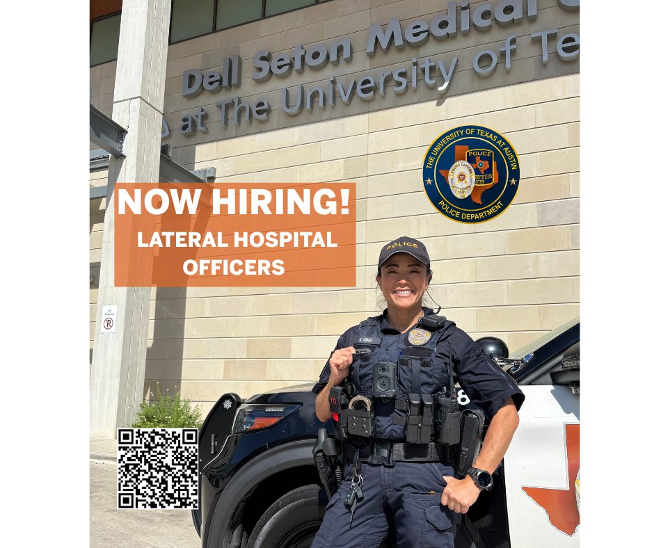 NOW HIRING LATERAL HOSPITAL OFFICERS!!!  

Job Description - The Hospital Police Officer assigned to Dell Seton Medical Center at the University of Texas (DSMC-UT) is responsible for maintaining safety and security within the hospital, including the Emergency Department and