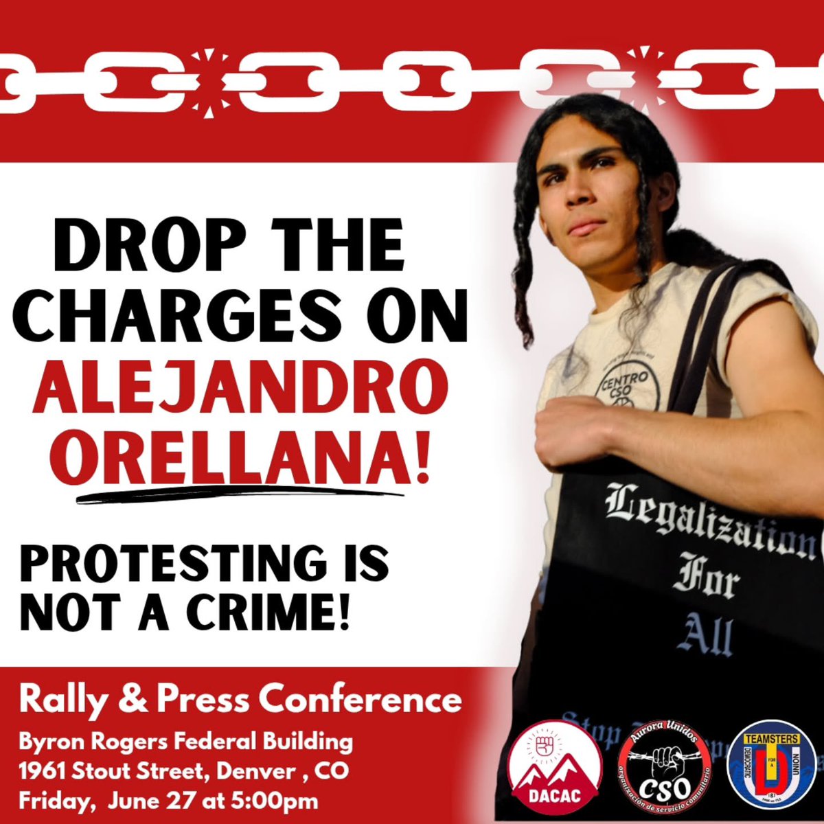 DenverAuroraCAC's tweet photo. 🚨 DROP THE CHARGES AGAINST ALEJANDRO ORELLANA!
Protesting is NOT a crime.
Join DACAC in demanding justice:
🗓️ Fri, June 27 @ 5PM
📍 Byron Rogers Federal Building (Denver)
#DropTheCharges #ProtestingIsNotACrime #Denver #AuroraCO https://t.co/BchVLGlM3f