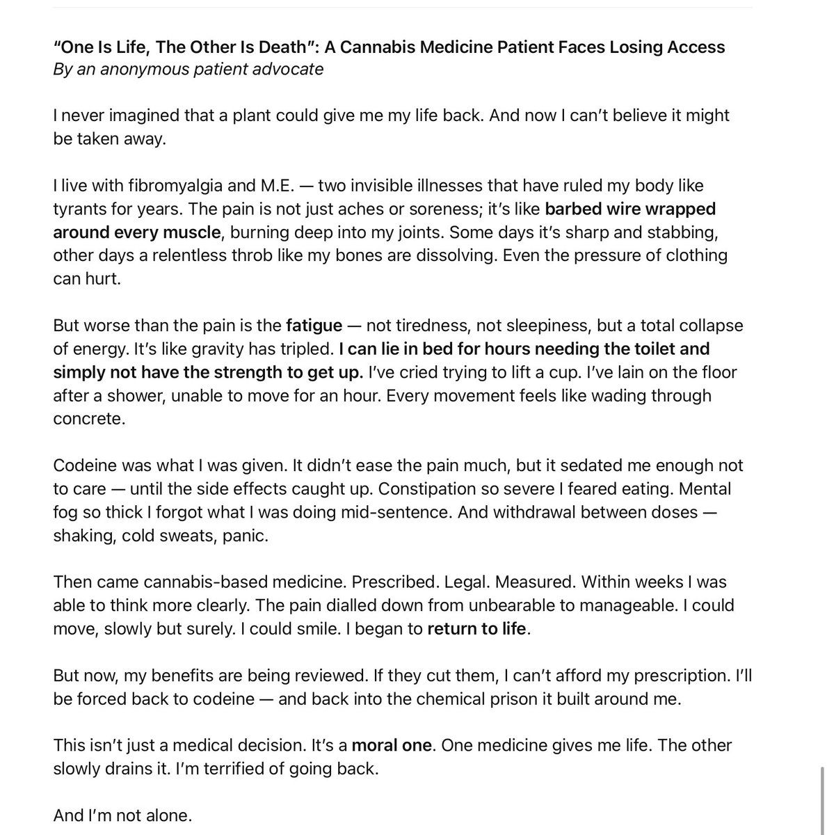 darrensangita's tweet photo. One medicine gives me life. The other takes it away.
I have fibromyalgia + M.E.
Cannabis helps me move, think, live.
Now my benefits are being cut โ and Iโm being forced back onto codeine
This is not care. This is cruelty
#CannabisIsMedicine
#PatientsNotPrisoners
#KeepUsSafe https://t.co/yMMVnU18Bl