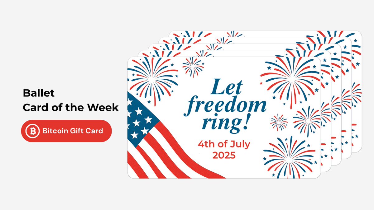 Self custody means freedom. 

Bitcoin Gift Card - 4th of July 2025 is here 🇺🇸 !
☑️ $BTC-only cold storage wallet
☑️ 5 cards for $49 
☑️ Great to collect and gift 

🔗 store.ballet.com/products/balle…