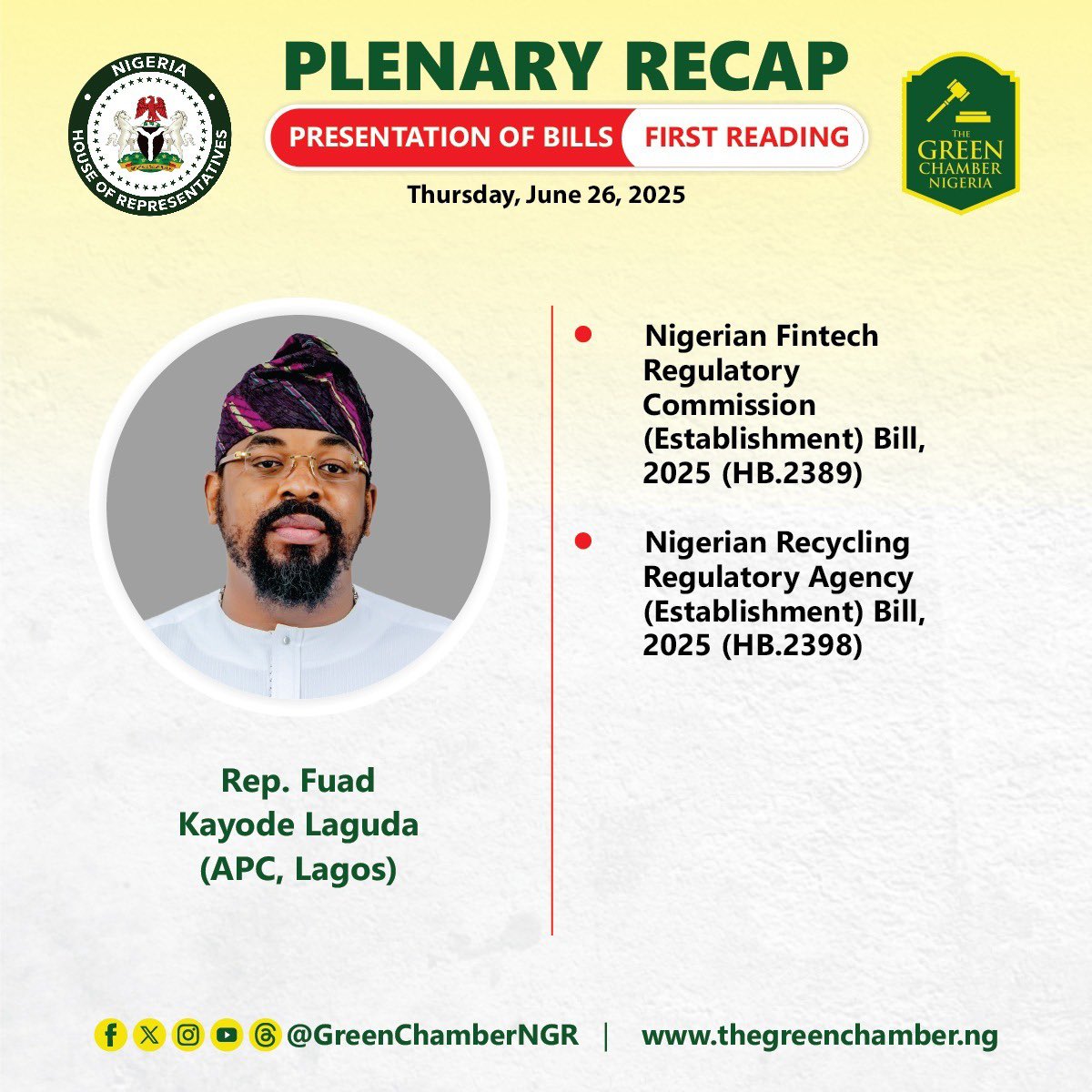 HouseNGR's tweet photo. Presentation of Bills (First Reading)
Thursday, June 26, 2025
#HouseNGR #10thAssembly #BillsPresentation #FirstReadingBills https://t.co/z3cF0fNDcI