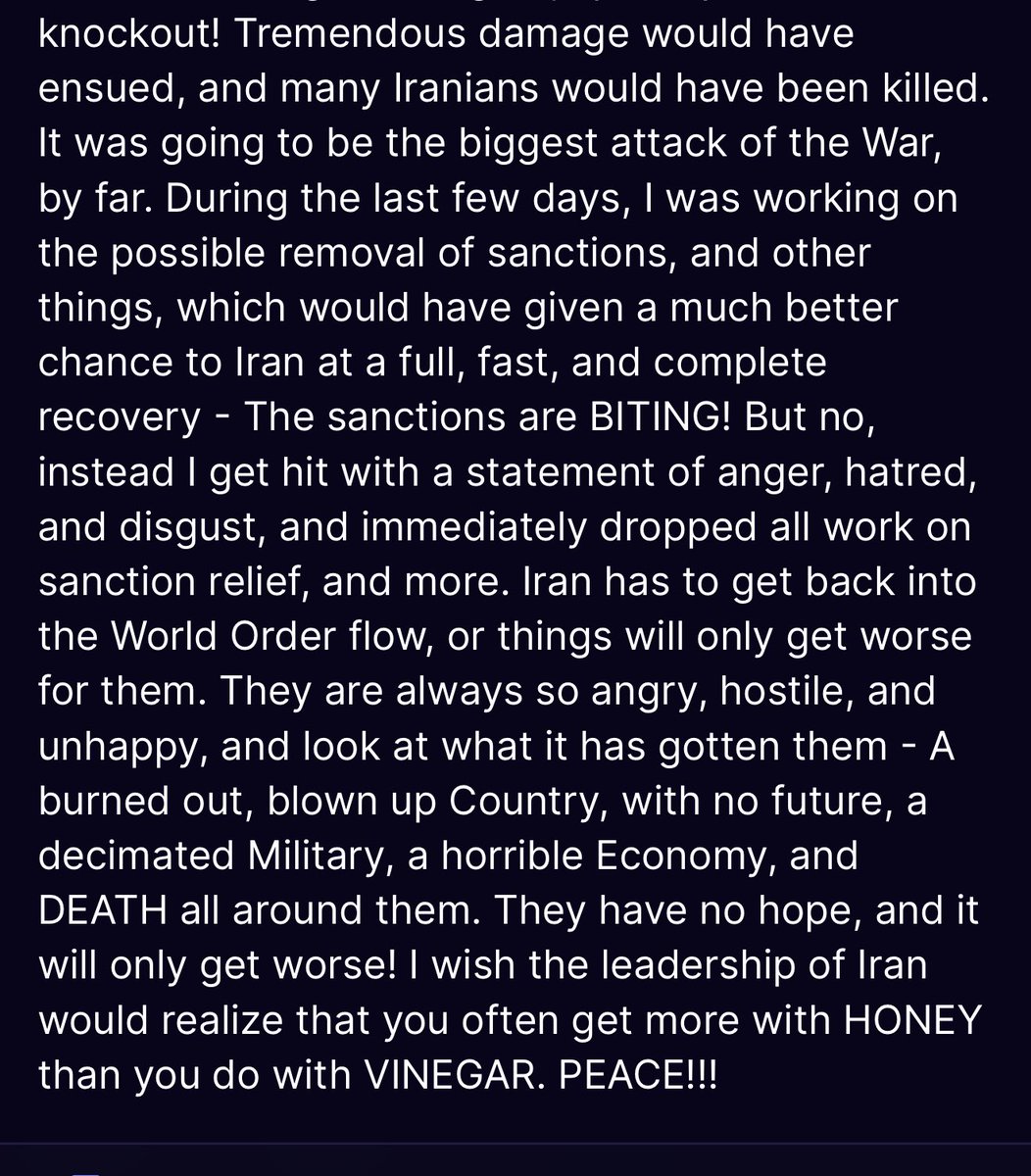 SamPancher's tweet photo. Trump diz que salvou o Aiatolá Ali Khamenei da morte.

“Eu sabia EXATAMENTE onde ele estava abrigado, e não permiti que Israel, ou as Forças Armadas dos EUA, de longe as Maiores e Mais Poderosas do Mundo, tirassem sua vida. EU O SALVEI DE UMA MORTE MUITO FEIA E VERGONHOSA, e ele não precisa dizer: ‘OBRIGADO, PRESIDENTE TRUMP!"
