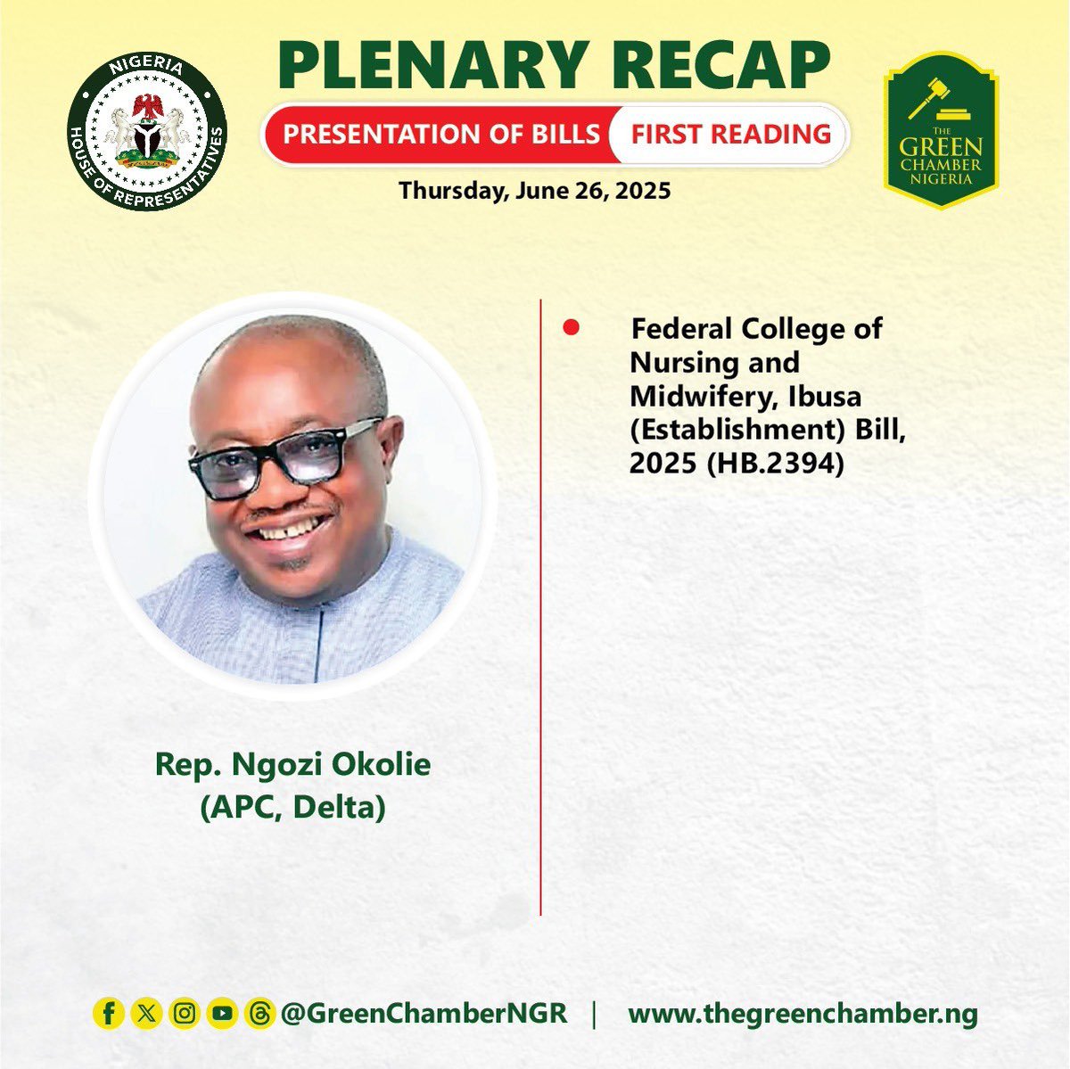 HouseNGR's tweet photo. Presentation of Bills (First Reading)
Thursday, June 26, 2025
#HouseNGR #10thAssembly #BillsPresentation #FirstReadingBills https://t.co/yOv5Kcj0i4