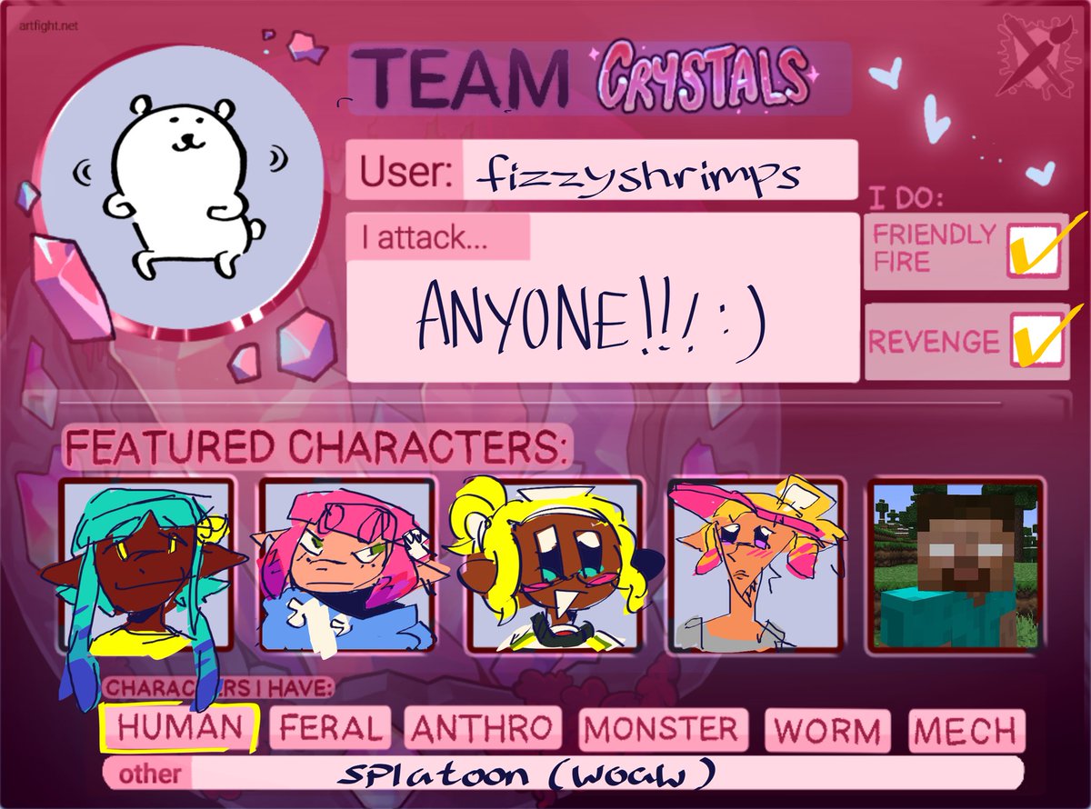 fizzyshrimps's tweet image. #artfight
I was just told that herobrine was cut from my featured characters
artfight.net/~fizzyshrimps