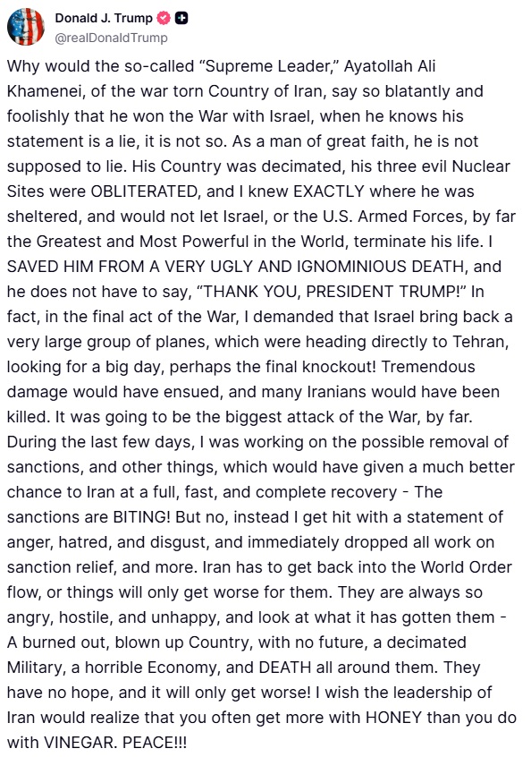 Donald J. Trump Truth Social 06.27.25 01:09 PM EST