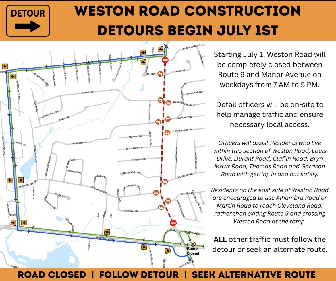 WellesleyPolice's tweet image. TRAFFIC ADVISORY: Weston Rd closure and detour begins Tuesday, July 1st. @TownOfWellesley @wellesleydpw
wellesleyma.gov/CivicAlerts.as…
