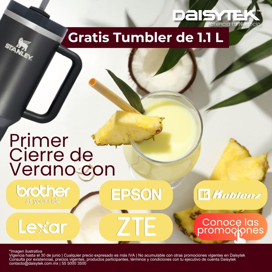 En este Verano: aprovecha nuestras promociones de cierre de mes y llévate GRATIS un Tumbler de 1.1 L al comprar productos: Brother, Epson, Koblenz, Lexar y/o ZTE
🔥 Es el primer regalo del verano... ¡y puede ser tuyo!
📲 Contacta a tu ejecutivo de confianza: 
55 5000 3500