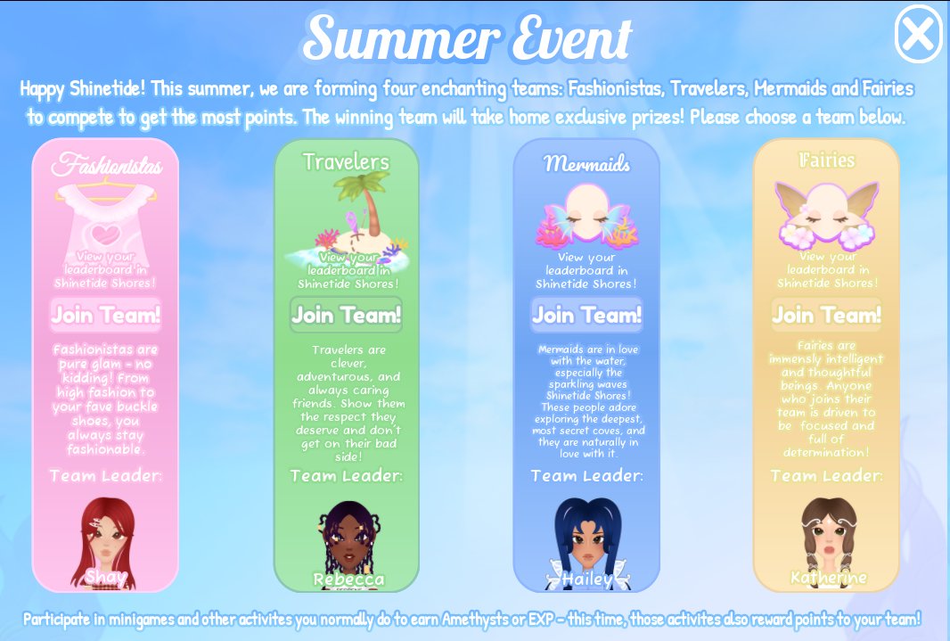 Get ready citizens, a huge team event is about to begin! Choose a team, participate in mini games, and unlock a prize if your team takes the crown! 🫧 

What team will you be joining?

-Fashionistas👗,
-Travelers👣,
-Mermaids🧜‍♀️,
-Fairies🧚‍♀️
#fh #fluffyhills #ROBLOX