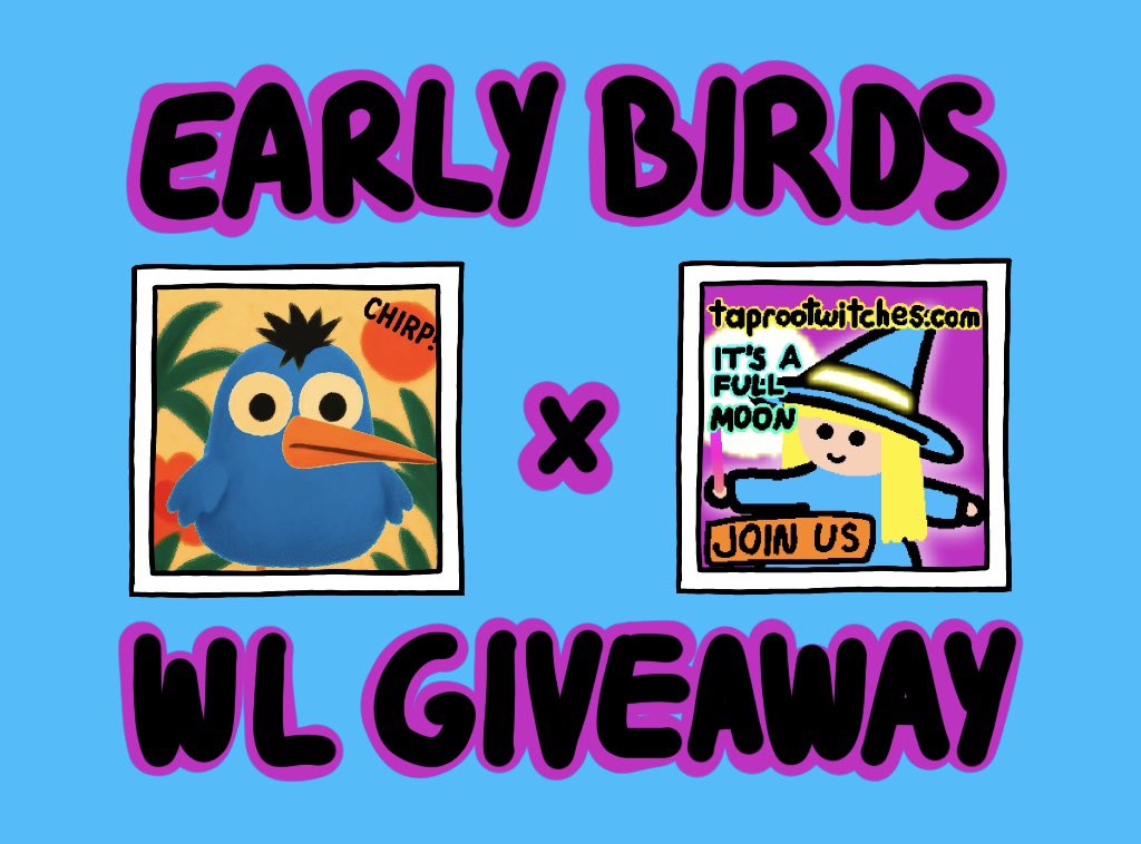 Taproot Witches 🤝 Early Birds 🐦

We’re giving away FIVE WL spots for the 1st BRC 2.0 Ordinals Collection with staking!

📅 Mint: July 17 - 10AM EST
🐦 5000 supply, WL 0.00014 btc (14$)
🪙1 bird = 1000 tokens (Ticker TBA)
🧱BRC 2.0 Token launch ~Aug 14

HOW TO ENTER?
- Follow