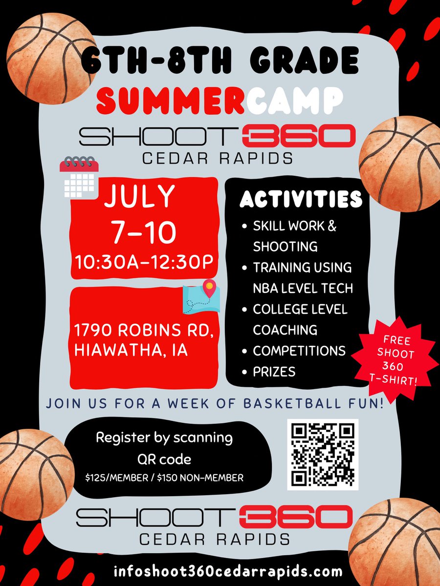 🏀 Join us July 7th at Shoot360 for a week of skills, fun, and friendly competition — with prizes up for grabs!
⛹️ K–2nd Grade
🏀3rd–5th Grade
🔥 6th–8th Grade
Whether you’re just starting or leveling up your game, we’ve got a camp for YOU! 💪

form.jotform.com/251197255716159