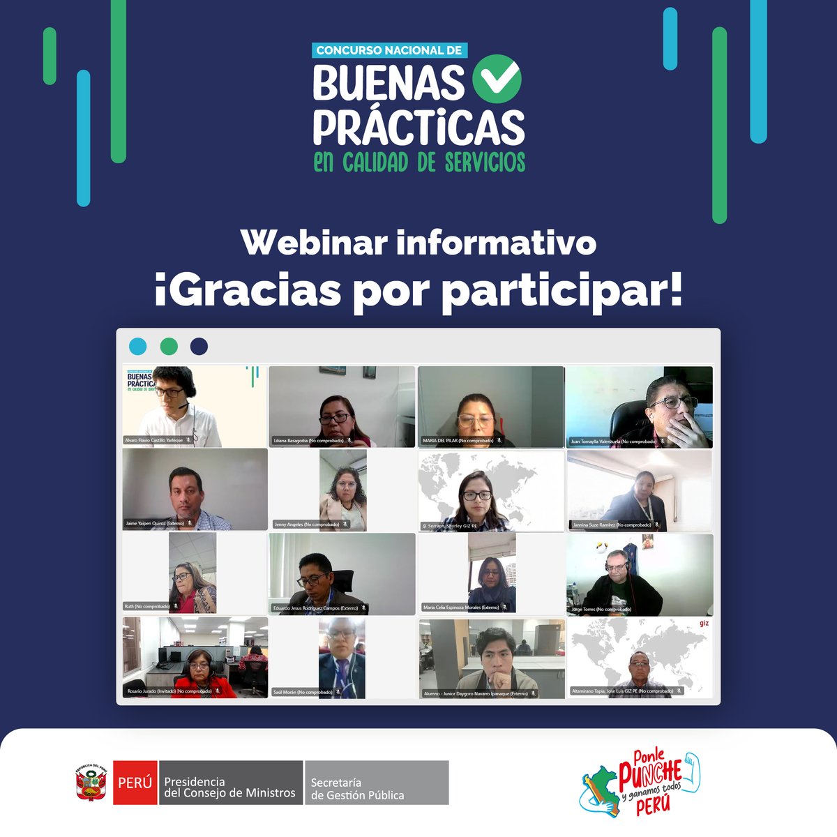 #Webinar #CalidadDeServicios
🎉¡Gracias a los más de 𝟭𝟳𝟬 𝘀𝗲𝗿𝘃𝗶𝗱𝗼𝗿𝗲𝘀 𝗰𝗶𝘃𝗶𝗹𝗲𝘀 que participaron de nuestro segundo webinar del Concurso Nacional de Buenas Prácticas en Calidad de Servicios