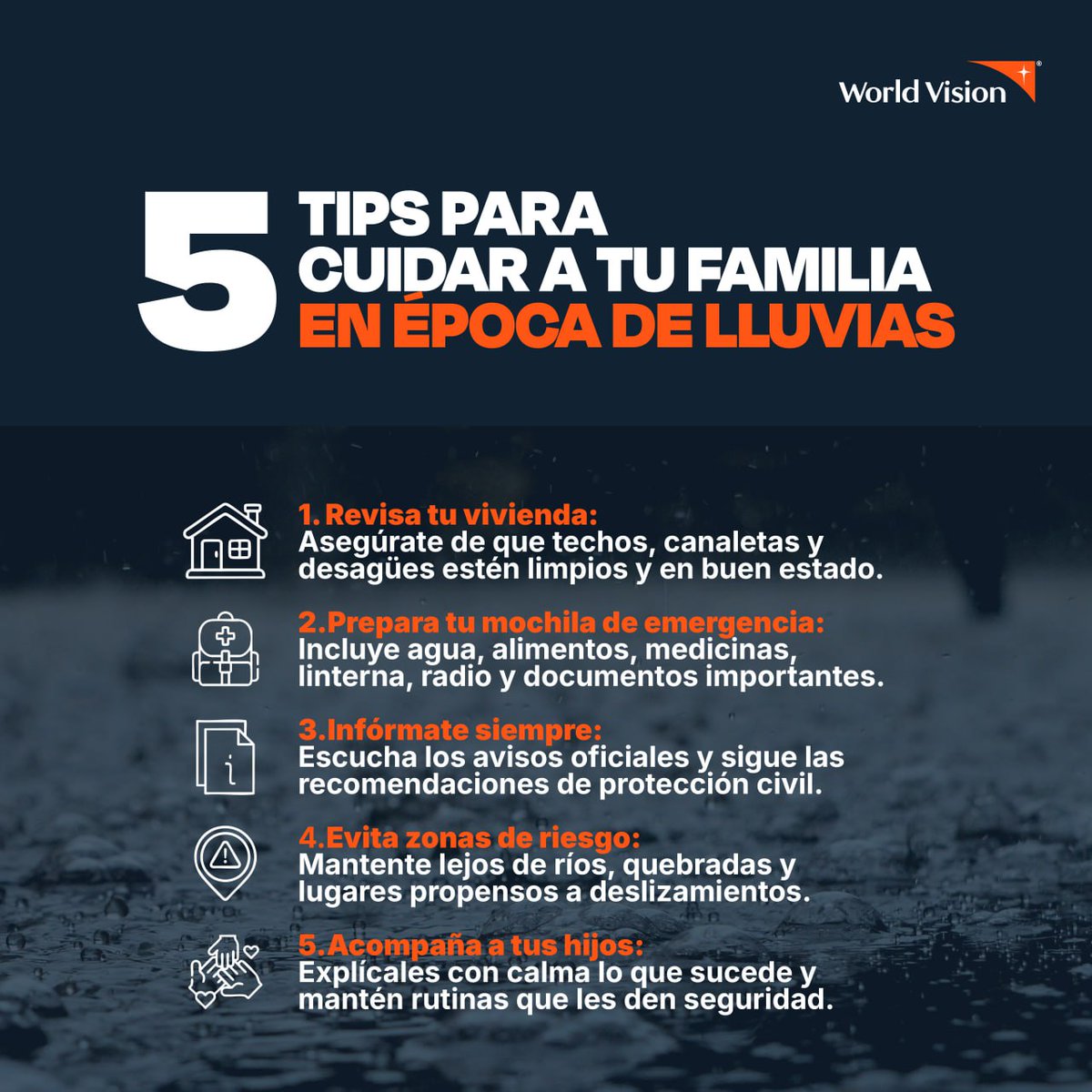 ¿Sabes cómo cuidar a tu familia en esta temporada de lluvias? 🌧️

Te compartimos consejos clave para proteger a los que más quieres.

Desliza y aprende cómo mantener tu hogar seguro y a tu familia protegida.

#TemporadaDeLluvias
#WorldVision #CuidémonosJuntos #ElSalvador