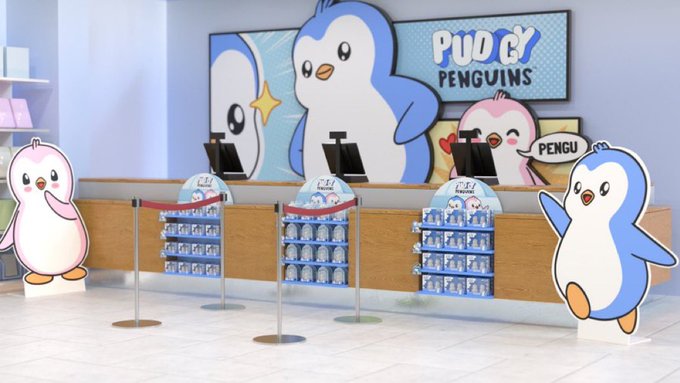 Pudgy Penguins store setup with merchandise