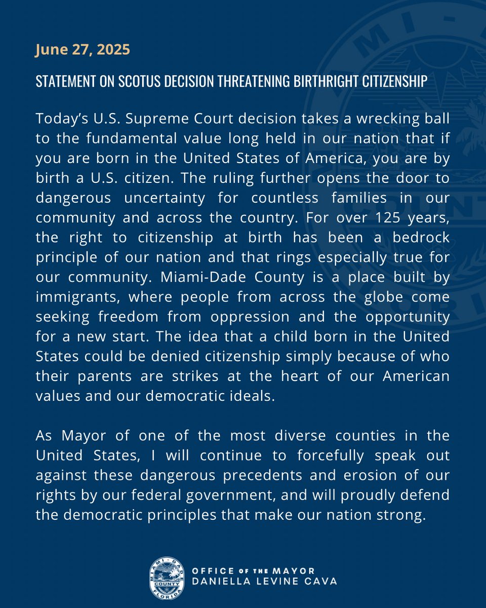 Today’s Supreme Court decision takes a wrecking ball to the bedrock value that if you are born in the United States, you are by birth a citizen. The ruling strikes at the heart of our American values and democratic ideals &amp; creates dangerous uncertainty for so many. My statement: