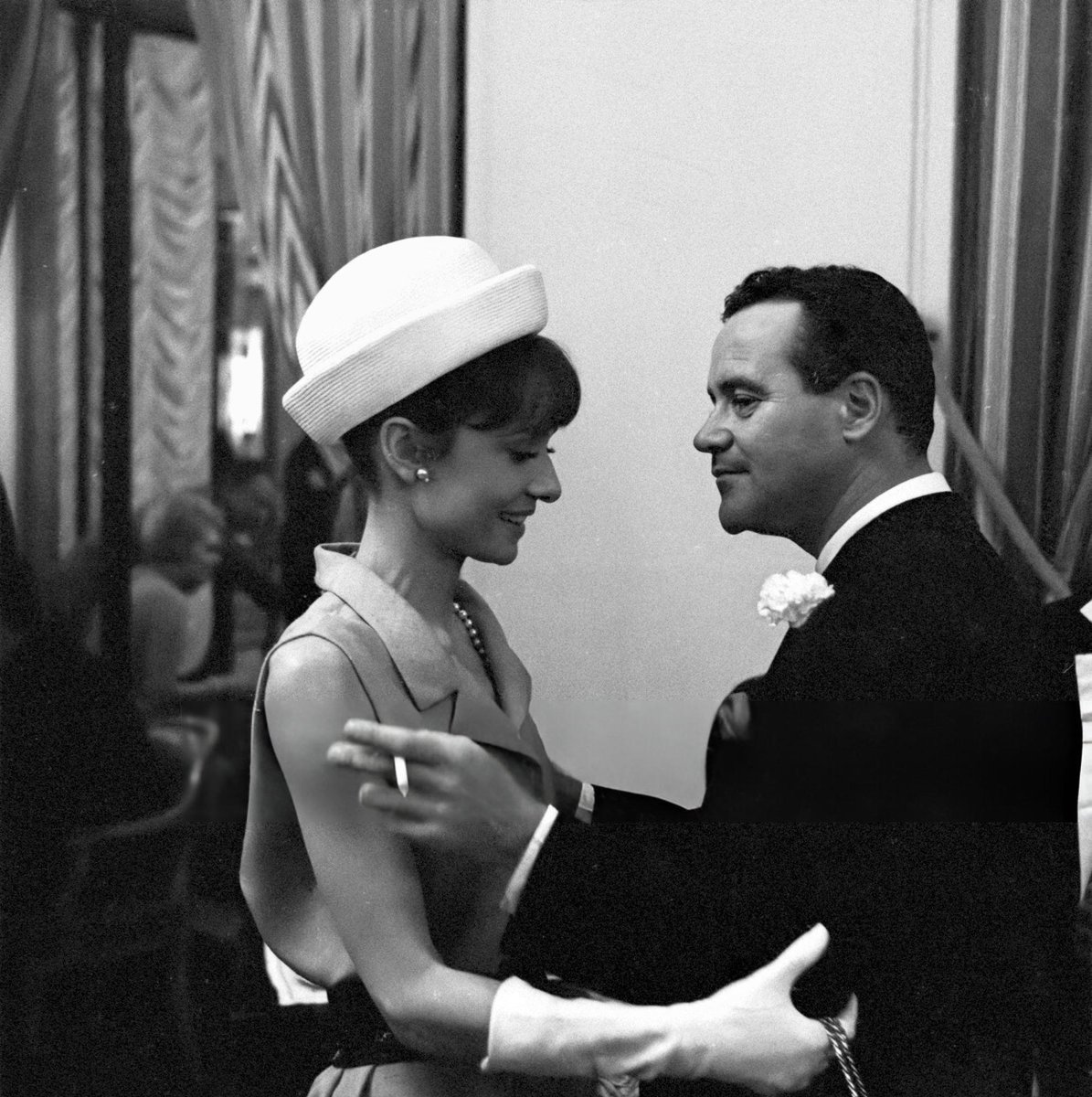 Audrey Hepburn and Jack Lemmon photographed by Leo Fuchs at his wedding to Felicia Farr, Paris, 1962