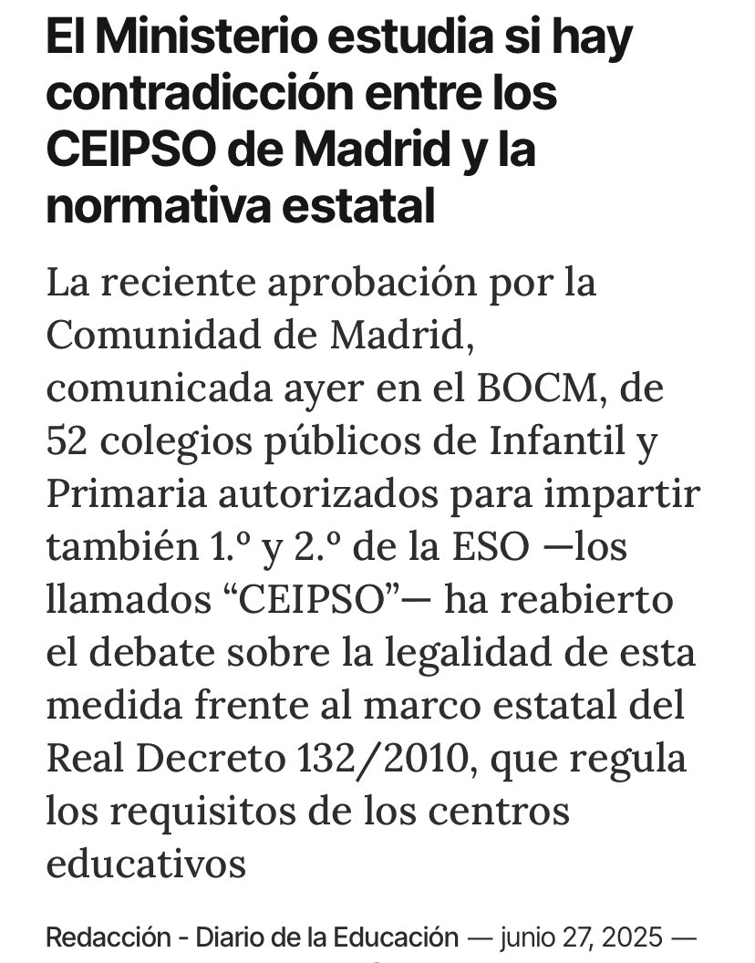 <a href="/Pilar_Alegria/">Pilar Alegría</a>, actúe ya!

⚠️ Los pseudo CEIPSO suponen la desregulación del sistema educativo madrileño!

❌No repita lo de la #LeyMaestra de Ayuso, que incumple la legislación estatal y el <a href="/PSOE/">PSOE</a> no la recurrió al Tribunal Constitucional, como pedíamos

eldiariodelaeducacion.com/2025/06/27/el-…