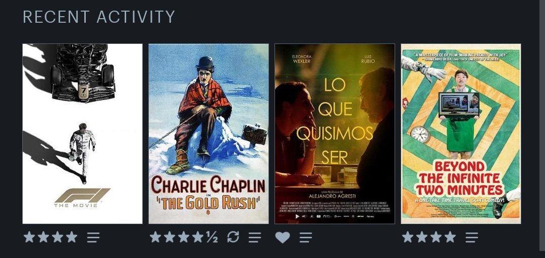 eddycardee's tweet photo. Más allá de los dos minutos infinitos (2020) dir. Junta Yamaguchi

Lo que quisimos ser (2024) dir. Alejandro Agresti

The Gold Rush (1925) dir. Charles Chaplin

F1: The Movie (2025) dir. Joseph Kosinski https://t.co/EzWEcw4vrR