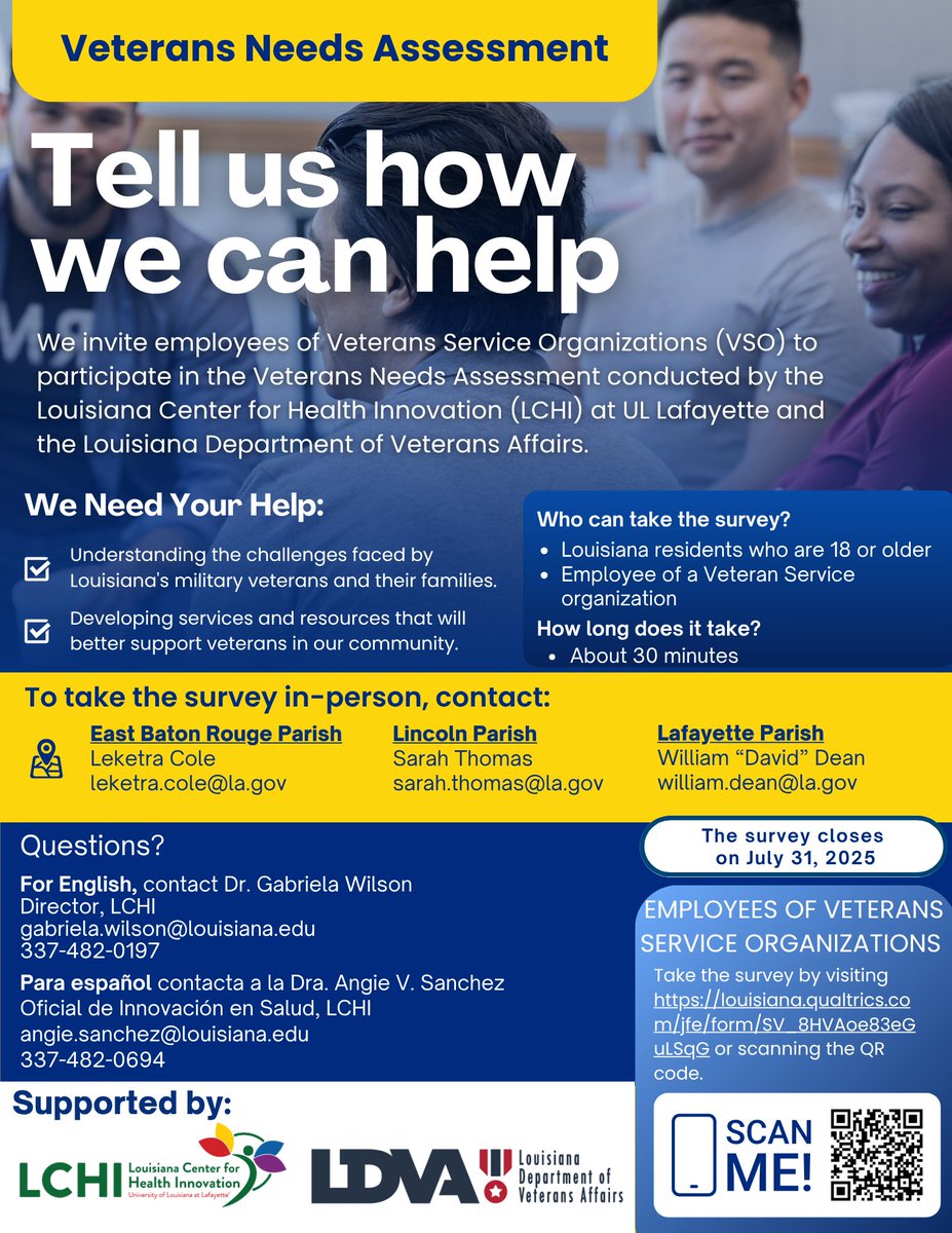 La. Dept. of Veterans Affairs (@lavetaffairs) on Twitter photo ATTENTION THOSE WHO SERVE VETERANS: WE WANT TO HEAR FROM YOU!
The <a href="/LCHI_UL/">Louisiana Center for Health Innovation</a> at the <a href="/ULLafayette/">University of Louisiana at Lafayette</a> and the Louisiana Department of Veterans Affairs are conducting a survey study to identify opportunities for growth in serving Louisiana's veterans and their families. ATTENTION THOSE WHO SERVE VETERANS: WE WANT TO HEAR FROM YOU!
The <a href="/LCHI_UL/">Louisiana Center for Health Innovation</a> at the <a href="/ULLafayette/">University of Louisiana at Lafayette</a> and the Louisiana Department of Veterans Affairs are conducting a survey study to identify opportunities for growth in serving Louisiana's veterans and their families.
