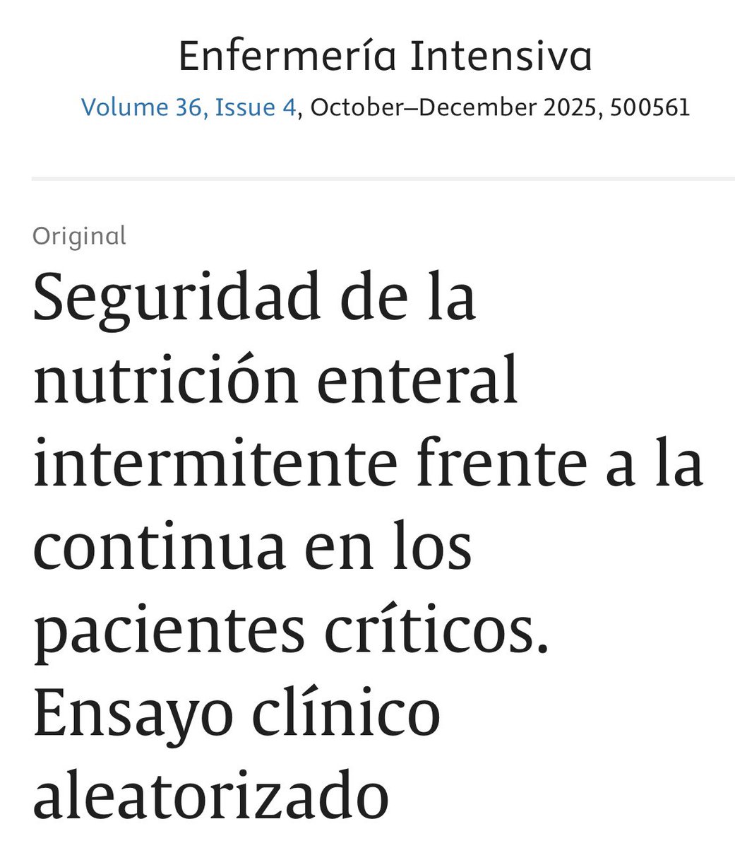 Seguridad de la nutrición enteral intermitente frente a la continua en los pacientes críticos. Ensayo clínico aleatorizado. 
Gracias a tod@s los que han hecho posible la realización de este estudio!!!

sciencedirect.com/science/articl…

<a href="/EnferIntensiva/">Enfermeria Intensiva</a> <a href="/seeiucoficial/">SEEIUC</a>