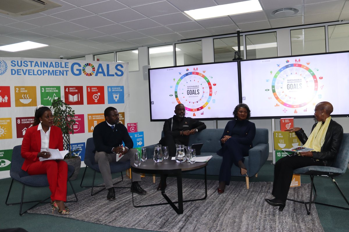 UNNamibia's tweet image. Yesterday, at a stimulating conversation with @UNNamibia staff, SDG Advocate Monica Geingos reminded that the SDGs must empower all youth-meet them where they are, speak their language & prioritise inclusivity. “We can’t just regulate AI / TikTok—we must teach critical thinking”