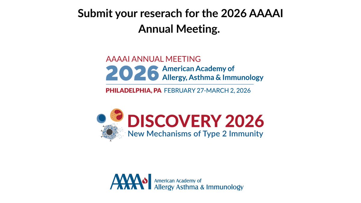 Submit abstracts by August 28 for a chance to present research at the 2026 AAAAI Annual Meeting. First year FITs, medical students &amp; residents can submit a case report by September 22. We’re also accepting abstracts for Discovery until November 3. #AAAAI26 annualmeeting.aaaai.org