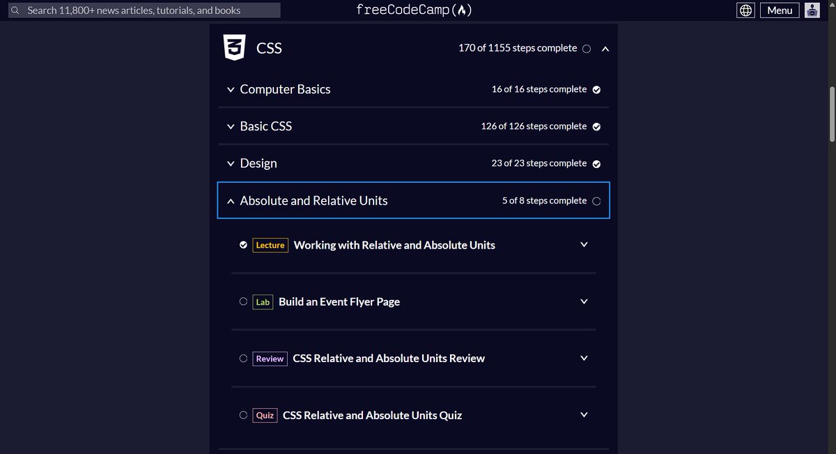 jan9639's tweet photo. Completed 170 steps of 1155, #CSS
Completed Design Module, started Absolute and Relative Units, 3 steps left of 8.
(Could have been completed if there wasn't a powercut for like 4 hrs)
#html #webdevelopment #fullstackdeveloper #fullstatck #X #india #connect #freecodecamp https://t.co/Xwa6lG8mZG