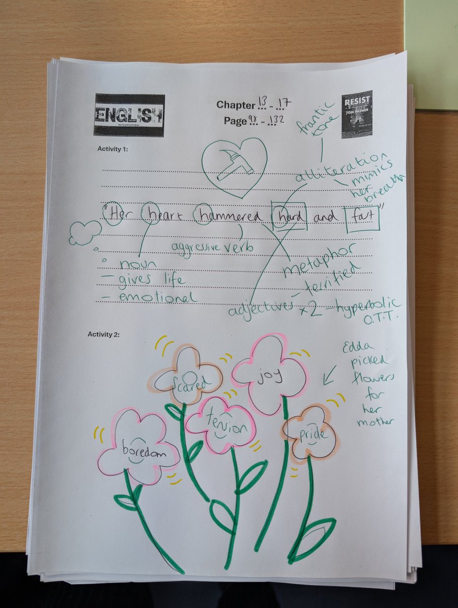 SecondaryEng's tweet image. #Reading for pleasure with y7 and summarising for pleasure too. 📚 "Find your favourite quotation that made you feel something and find the methods." Then we identified feelings of the protagonist in the flowers she picked for mum - to remember a poignant moment. 💐#teamenglish