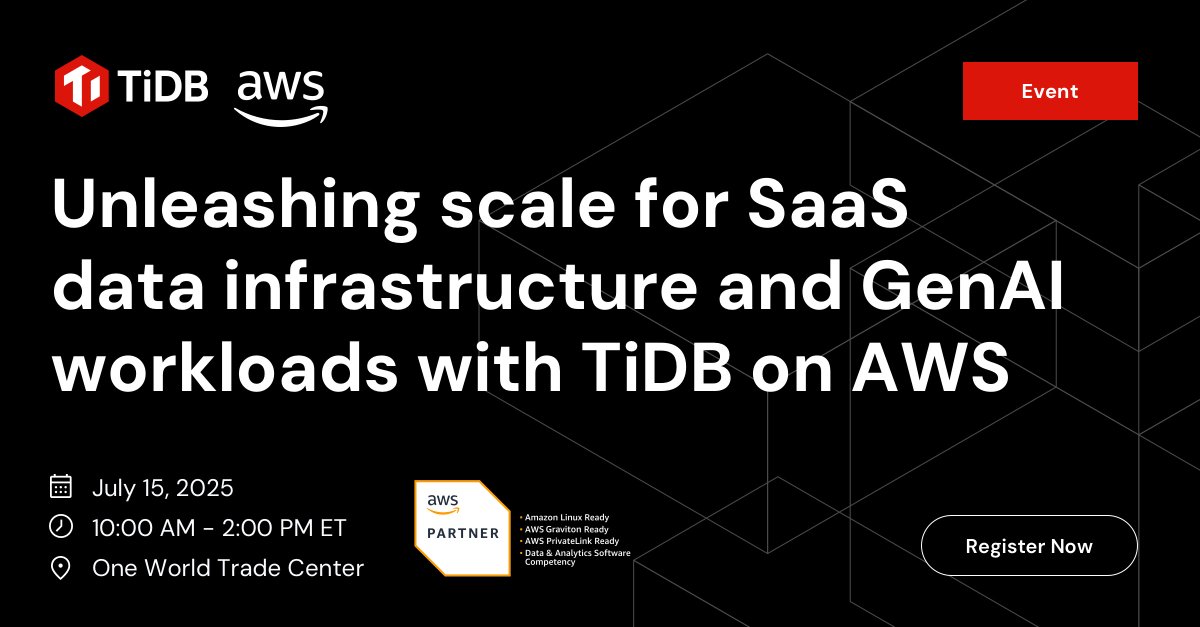 We're partnering with AWS for a live workshop at One World Trade Center on July 15th and you’re invited! 🌟 Discover how to build scalable, AI-native #SaaS apps using #TiDB on #AWS and #AmazonBedrock. 

Save your spot now: pingcap.com/event/meet-tid…