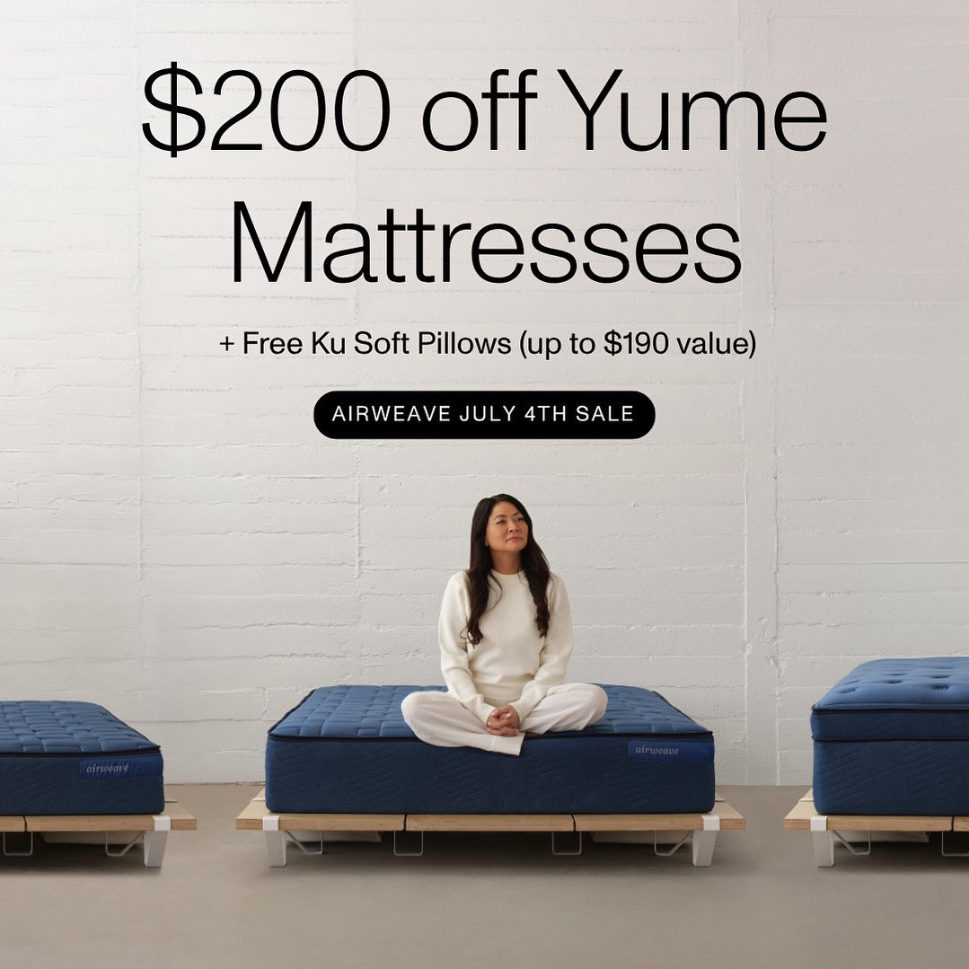 airweaveUSA's tweet image. This Fourth of July, save $200 on any Yume Collection Mattress and get FREE Ku Soft Pillows (up to $190 value)! airweave.com

#4thofjulysale #mattresses #sleep 
#homeessentials
