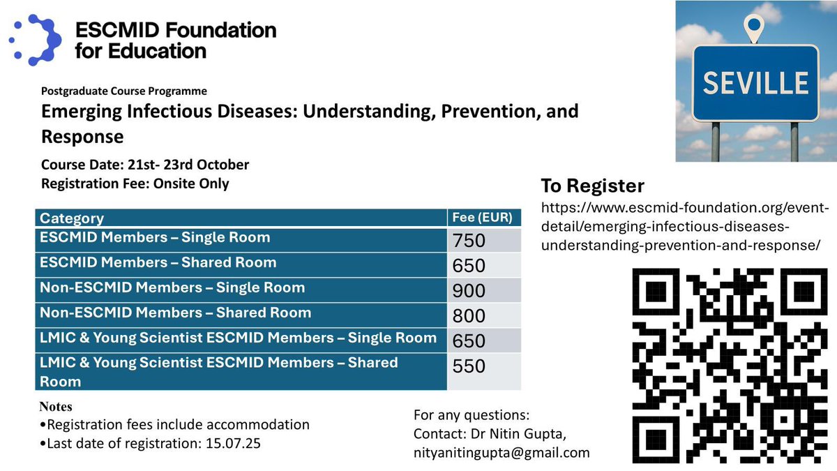 🧬 Curious about the next big threat in global health? To boost your skills in outbreak response, prevention &amp; surveillance -&gt;

Join us this October in Seville 🇪🇸!

📅 21–23 Oct 2025
🎯 Special rates for LMIC &amp; young members
#Infectiousdiseases #GlobalHealth #ESCMID