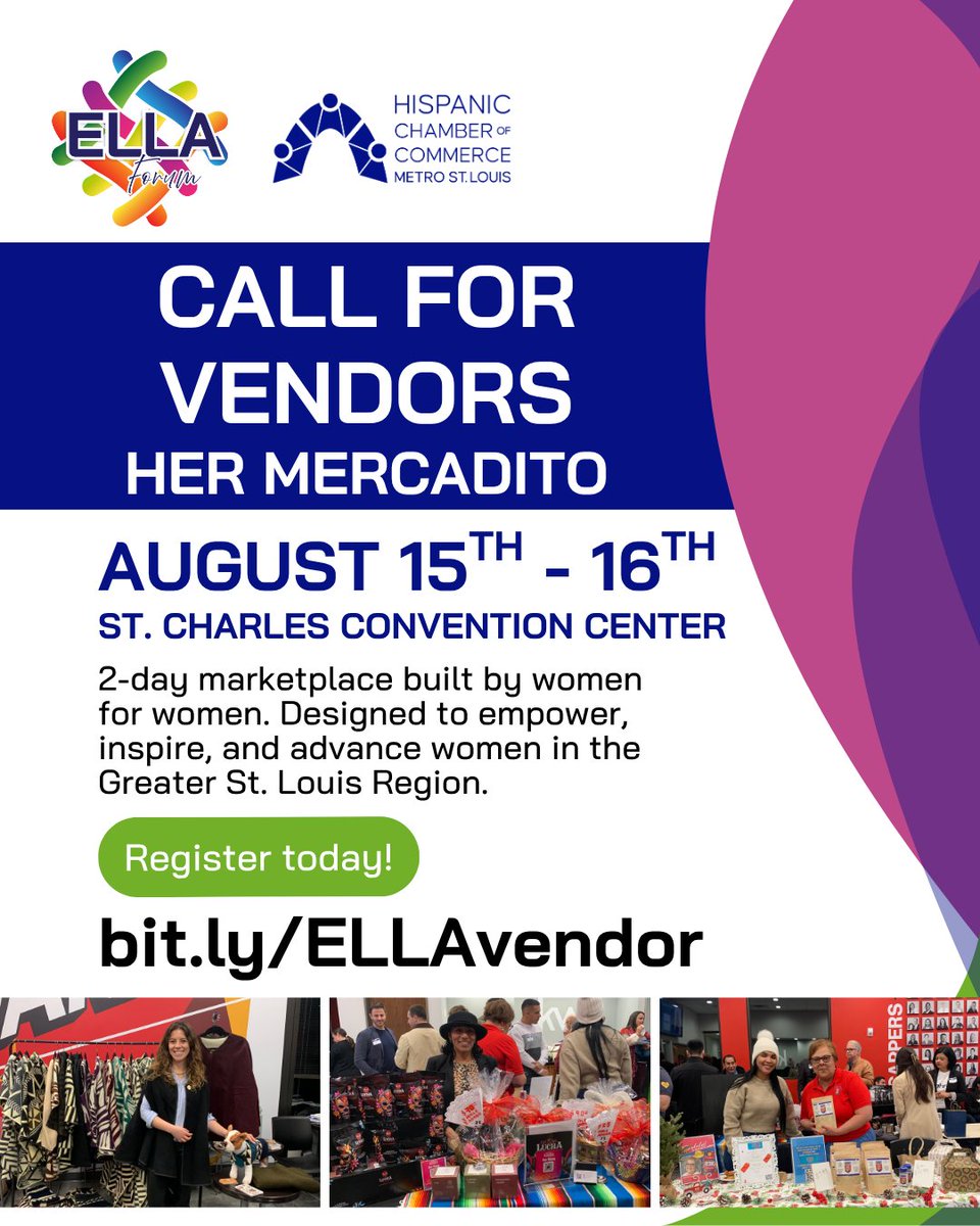✨ Calling all makers, creatives, and small business jefas ✨ This is your sign to join HER Mercadito at the ELLA Economic Forum! 💜
📅 August 15th &amp; 16th, 10am - 6pm
📍 St. Charles Convention Center 
Free parking + Indoor Event!
Apply now: bit.ly/ELLAvendor