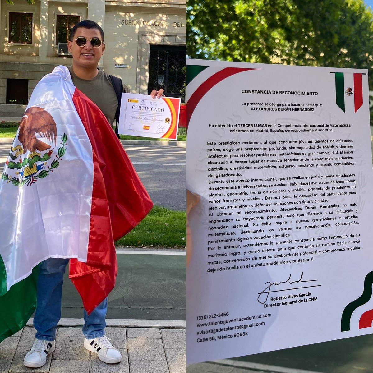 CerebrosG's tweet photo. ¡¡¡ERES UN ORGULLO MEXICANO!!!

El mexicano Alexandros Durán Hernández obtuvo el tercer lugar en la Olimpiada Internacional de Matemáticas que se realizó en España.

El originario de Tabasco, logró destacar entre participantes de todo el mundo y puso en lo alto a la bandera mexicana.

Muchas felicidades por tu increíble logro, eres un verdadero ejemplo de inspiración para muchos. Enhorabuena para esta extraordinaria participación.