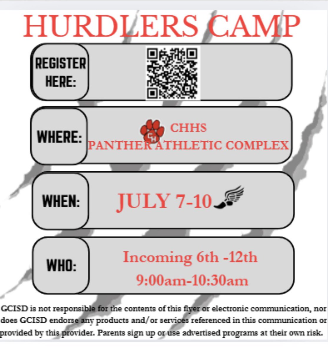 @CHHSTrack&Field (@chhstrackf) on Twitter photo Whos kiddos are wanting to learn to hurdle, or wanting to improve their hurdling? We will have 2 high school coaches and 2 college hurdlers at camp in order to have a low camper/teacher ratio. Come hurdle with us! <a href="/GCISD_Athletics/">GCISD Athletics Dept.</a> <a href="/CHPantherPride/">Colleyville Heritage</a> <a href="/DevinPayne_10/">Devin Payne</a> Whos kiddos are wanting to learn to hurdle, or wanting to improve their hurdling? We will have 2 high school coaches and 2 college hurdlers at camp in order to have a low camper/teacher ratio. Come hurdle with us! <a href="/GCISD_Athletics/">GCISD Athletics Dept.</a> <a href="/CHPantherPride/">Colleyville Heritage</a> <a href="/DevinPayne_10/">Devin Payne</a>