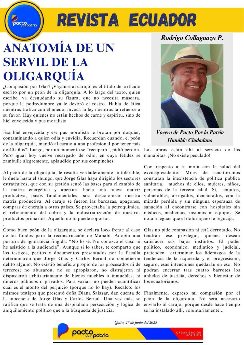 Pacto Por La Patria (@pactoxlapatria) on Twitter photo 💧#RevistaEcuador || 🇪🇨
Espacio digital de análisis y opinión sobre política, economía, sociedad y cultura de nuestro país.
📚Lee, reflexiona y actúa. Súmate a la conversación por un #EcuadorMejor 🙋♂️
Tenemos un #PactoPorLaPatria 🤝
▶️ <a href="/PactoxlaPatria/">Pacto Por La Patria</a>
#PP 💧#RevistaEcuador || 🇪🇨
Espacio digital de análisis y opinión sobre política, economía, sociedad y cultura de nuestro país.
📚Lee, reflexiona y actúa. Súmate a la conversación por un #EcuadorMejor 🙋♂️
Tenemos un #PactoPorLaPatria 🤝
▶️ <a href="/PactoxlaPatria/">Pacto Por La Patria</a>
#PP