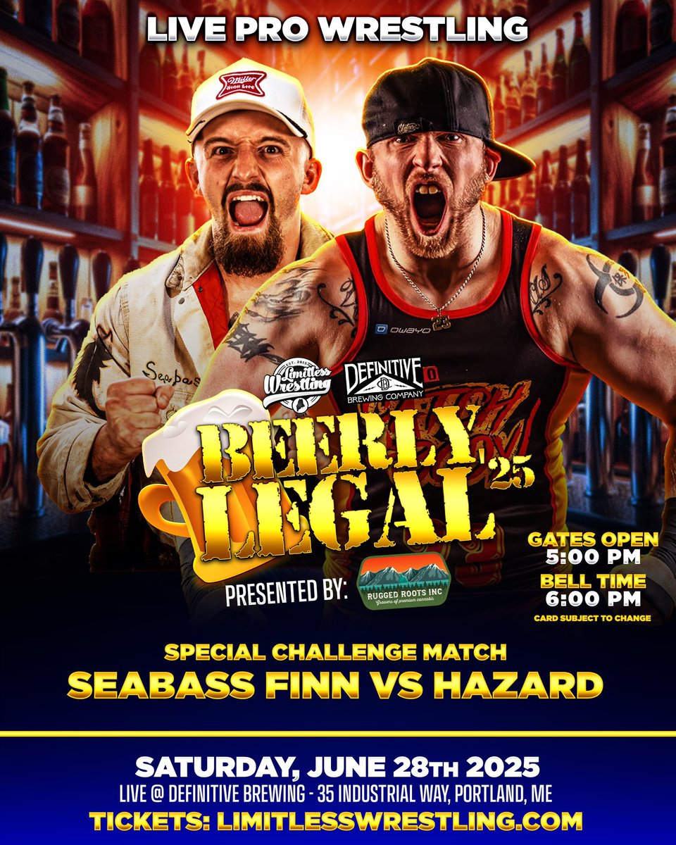 TOMORROW NIGHT!

It’s been a long two months of waiting for Seabass Finn!

The SOB of the 603 goes head-to-head with the man who spoiled his Limitless return, 23 HAZARD at BEERLY LEGAL ‘25!

📍 NEW VENUE ➡️ Yarmouth, ME!

▶️ Streaming LIVE on YouTube &amp; <a href="/indiewrestling/">IWTV</a>!