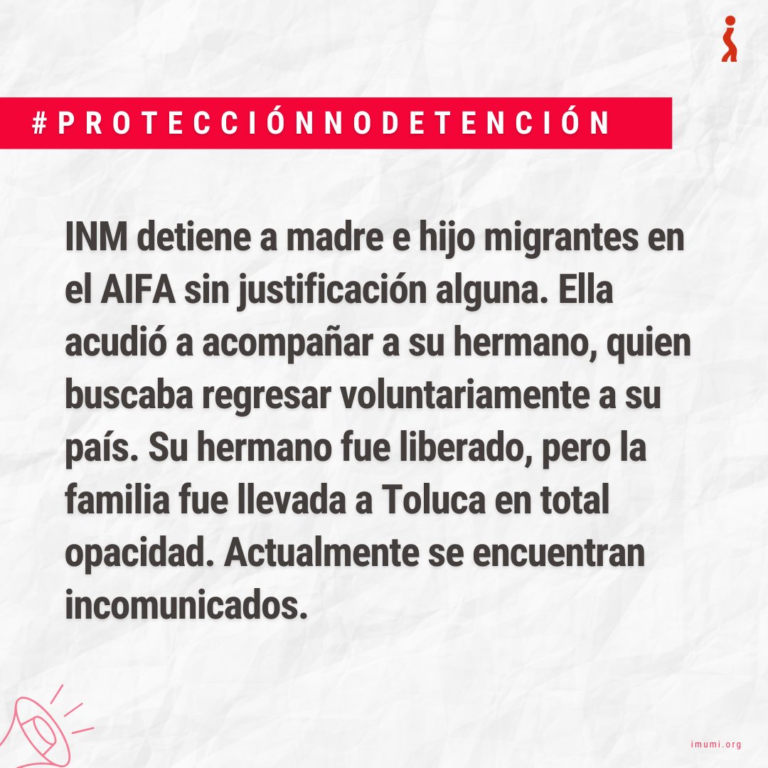 IMUMI (@imumidf) on Twitter photo 📰 #Comunicado #ProtecciónNoDetención
⚠️ <a href="/INAMI_mx/">INM</a> detiene a madre e hijo migrantes en el <a href="/aifaaero/">Aeropuerto Internacional Felipe Ángeles</a>. La detención de Liseth y Misael no solo es injustificada, sino irregular. Desde noviembre de 2020, la Ley de Migración prohíbe la detención de familias, niñez y adolescencia 📰 #Comunicado #ProtecciónNoDetención
⚠️ <a href="/INAMI_mx/">INM</a> detiene a madre e hijo migrantes en el <a href="/aifaaero/">Aeropuerto Internacional Felipe Ángeles</a>. La detención de Liseth y Misael no solo es injustificada, sino irregular. Desde noviembre de 2020, la Ley de Migración prohíbe la detención de familias, niñez y adolescencia