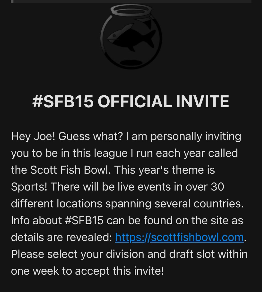 Joe Kuvetakis 🚫 (@dynasty_joeff) on Twitter photo Today is a good day. Last year I got up to #15 overall and intend to best that this season. All for a great cause. Thank you to <a href="/ScottFish24/">Scott Fish</a> and <a href="/FantasyCaresOrg/">Fantasy Cares #fantasycares</a> for the opportunity to give back and to compete in #SFB15. Pics with my new swag coming soon. Today is a good day. Last year I got up to #15 overall and intend to best that this season. All for a great cause. Thank you to <a href="/ScottFish24/">Scott Fish</a> and <a href="/FantasyCaresOrg/">Fantasy Cares #fantasycares</a> for the opportunity to give back and to compete in #SFB15. Pics with my new swag coming soon.