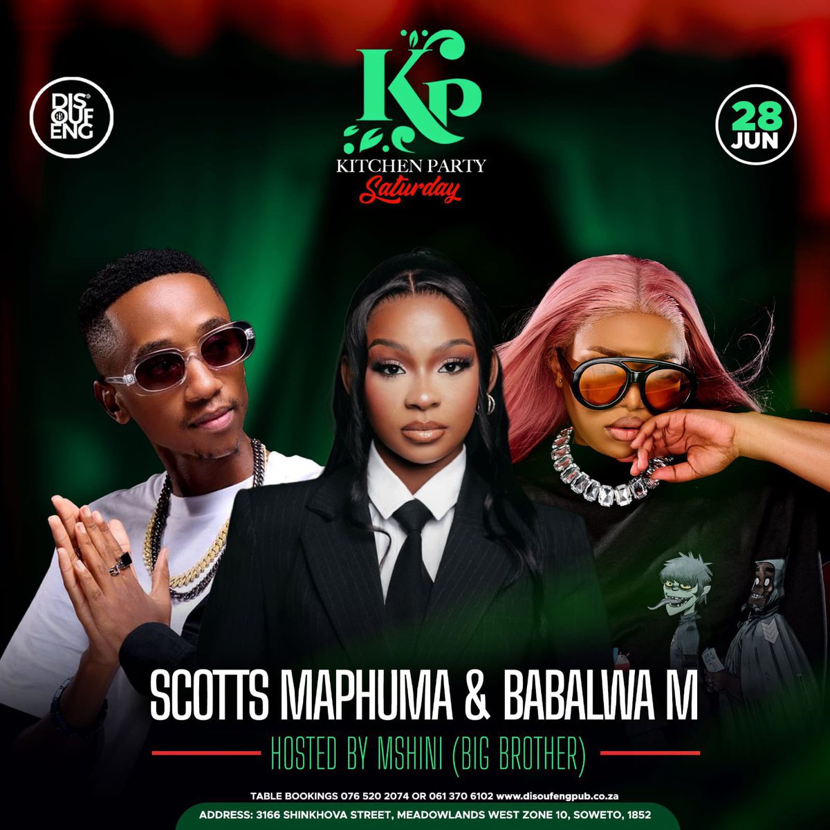 DISOUFENG_PUB's tweet photo. 🎉 Kitchen Party Saturday – Last Saturday Vibes 🎉
Catch the live rugby viewing at 5pm
We welcome the sounds of Scotts Maphuma and the queen of cool, Babalwa M 🎶
🎤 With our new host in the house — @MshiniLekwadu from Big Brother bringing the vibe!
#KitchenPartySaturdays https://t.co/HqTDHJc7i6