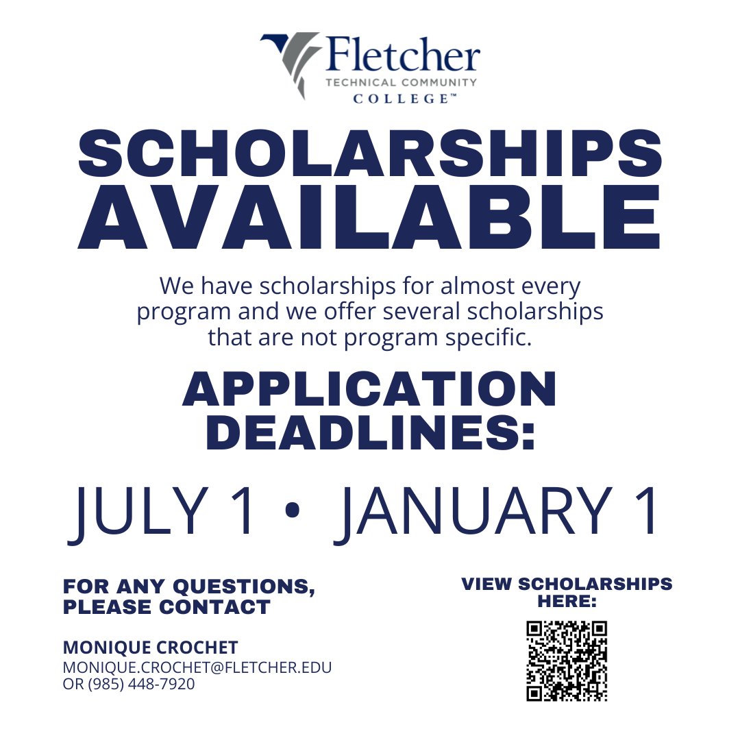 SCHOLARSHIP APPLICATION DEADLINE: 
Our next application deadline is July 1st.

Did you know that Fletcher offers scholarships for almost every program?

Visit the link below to see what scholarships we have available and to see if you are eligible.

fletcher.edu/financial-aid/…