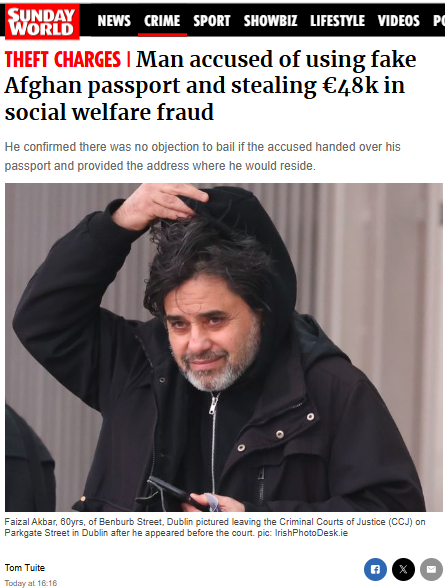 🚨Pakistani Man used fake Afghan passport to steal €48,000 in welfare fraud has sentencing delayed

Faizal Akbar (60) obtained asylum here in Ireland via a fake passort, then used the same false identity to steal €48,000 with. 

Why is he not instantly deported for using false