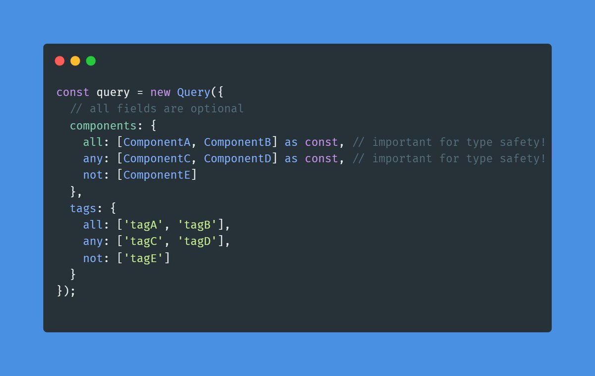 excaliburjs's tweet image. 🧩 New ECS feature to improve Query options just landed in main Excalibur thanks to @mattjennin.gs!
Latest alpha `npm install excalibur@next`
Queries can now take additional options to filter in/out by components or tags! This is huge for our ECS fans out there!