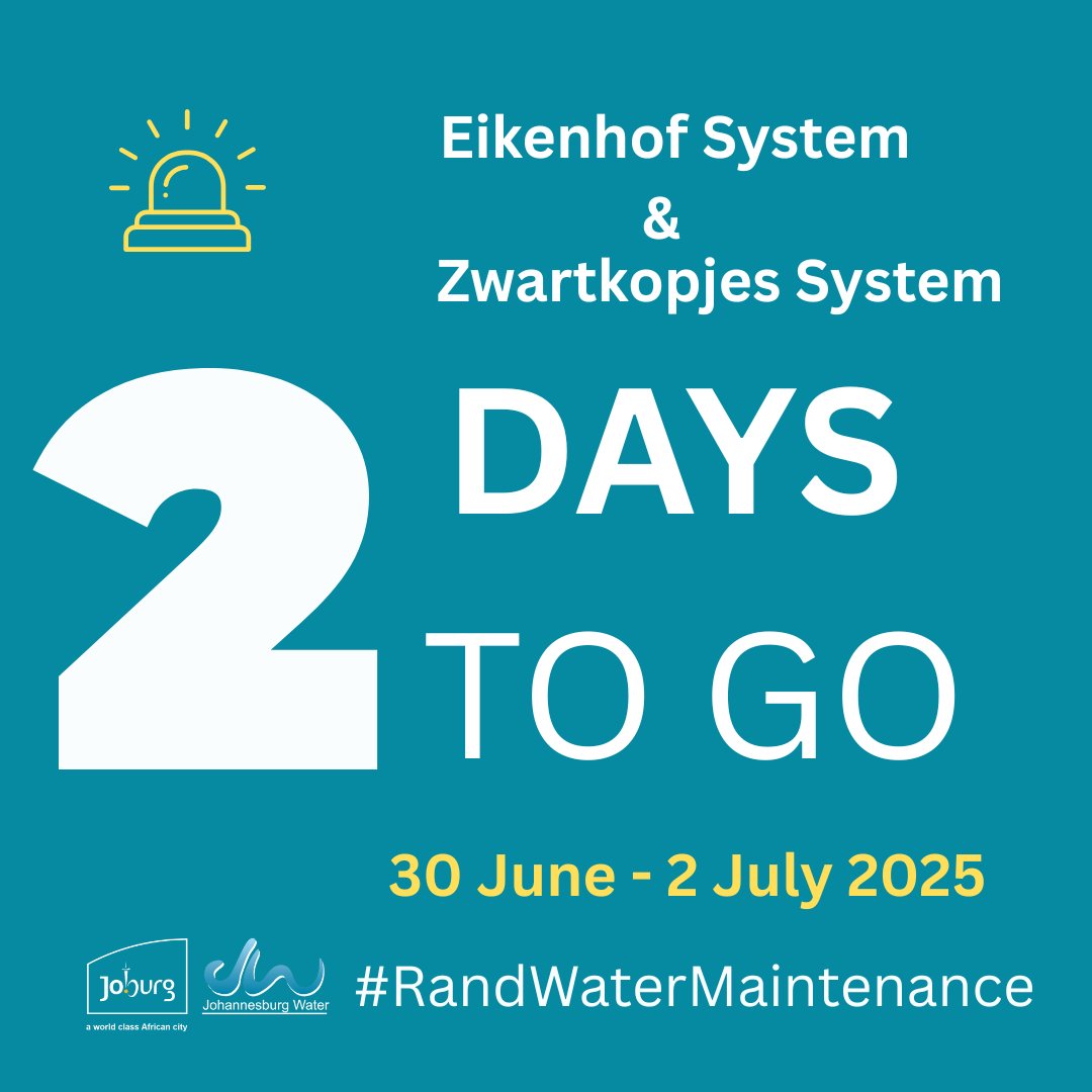 JHBWater's tweet photo. ⏳ Only 2 DAYS LEFT!

Preparation is key — Rand Water’s planned maintenance starts soon.

💧 Pumping will be reduced to 50% for 48 hours, store enough water
🚚 Water tankers will be deployed after 24 hours

#RandWaterMaintenance #WeServeJoburg https://t.co/W124DDdect