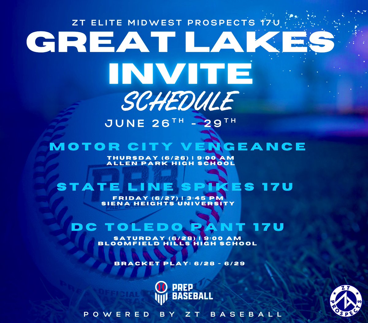 Our schedule for this week’s <a href="/PrepBaseballMI/">Prep Baseball Michigan</a> Great Lakes Invite! 

#BeElite