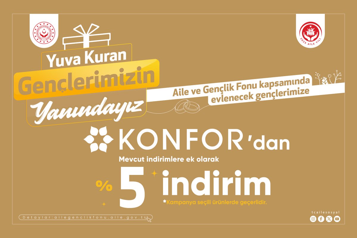 Konfor Mobilya olarak T.C. Aile ve Sosyal Hizmetler Bakanlığı tarafından Aile ve Gençlik Fonuyla yürütülen “Evlenecek Gençlerin Desteklenmesi Projesi” ile “Yuva Kurmuş Gençlerimizin Yanındayız!” sloganıyla, 2025 Aile Yılı kapsamında aileyi koruma ve güçlendirme hedefli ortak