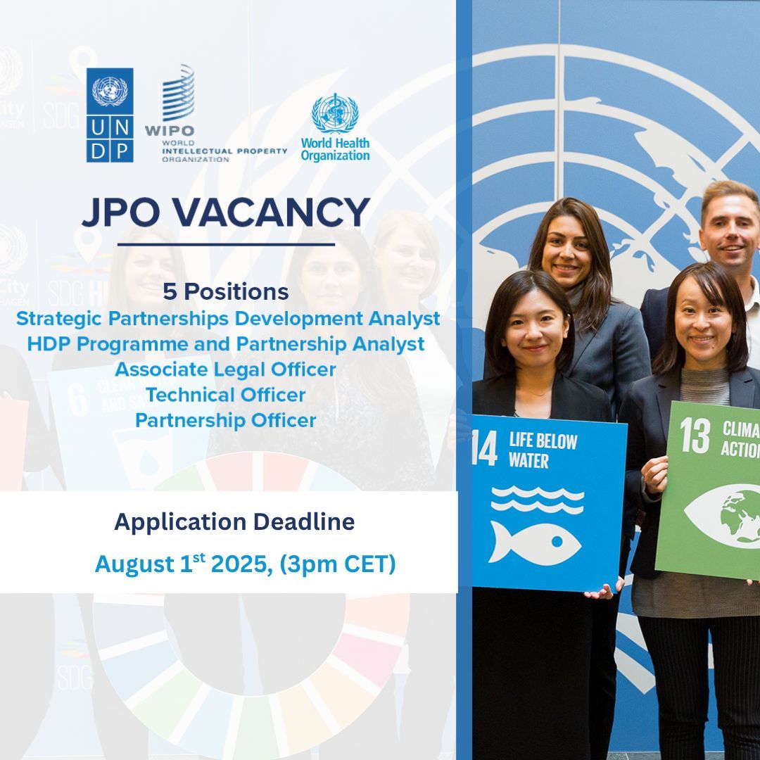 📢 The Republic of #Korea is sponsoring 5 #JPO positions with #UNDP, #WIPO and #WHO!
📆 Deadline:  August 1st 2025 (3pm, CET)
☑️Read requirements and apply with the link: buff.ly/dJ8kZ3i 
#UNDPCareers