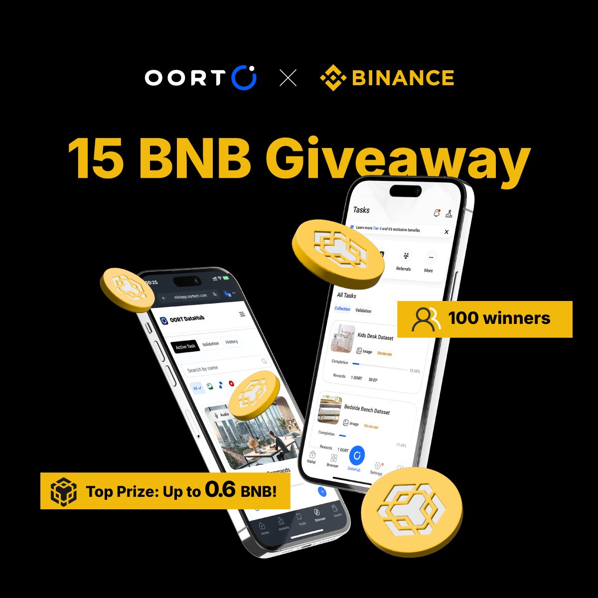 oortech's tweet photo. 🎉 To celebrate the DataHub dApp listing on @BinanceWallet, we’re kicking off a 15 BNB Grand Prize Giveaway! 💰

📲 Register DataHub Main App & dApp with the same wallet address
🔐 Stake $OORT and level up for higher winning chance
✅ Complete tasks, refer friends to enter the daily raffles & grand finale

Let the lucky streak begin! 🚀 🔗 https://t.co/vKHfEKkdww

#OORT #DeAI #BinanceWallet #Airdrop #Web3 #AI