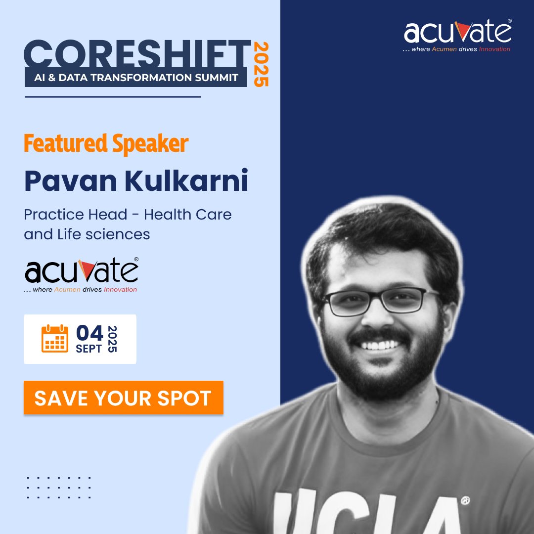 Excited to have Pavan Kulkarni, Head of Healthcare &amp; Life Sciences at Acuvate, speak at #CoreShift2025!

He'll cover how GenAI is transforming clinical workflows &amp; patient care.

📅 Sep 4, 2025
🔗 hubs.li/Q03t_7vX0

#AIHealthcare #GenerativeAI #AcuvateCoreShift2025