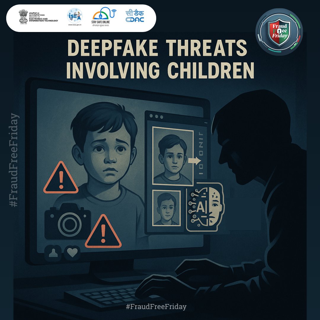 SSOIndia's tweet image. #FraudFreeFriday
🚨 One photo is all it takes.
Deepfake threats involving children are real — your single upload could become a tool in the wrong hands.

#CyberSafety #DeepfakeAwareness #OnlinePrivacy #ChildSafetyOnline #ThinkBeforeYouPost #DigitalParenting #CyberAlert #AIThreats…
