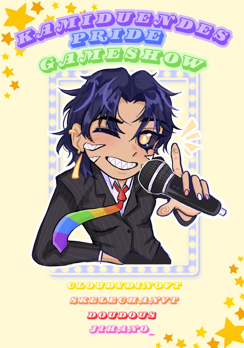 LADIES, ENBYS AND GENTS!! 

You are invited to my Pride gameshow! Gotta end off pride month with a BANG! ⊹ ࣪ ˖͙͘͡★

I will be streaming the game show tomorrow (28.6) at 18:00 CET!!
Come see me quiz my friends  <a href="/SkelechanVT/">Skelly 🐺🦴 Wooftuber</a> <a href="/yuwuuzu/">dood</a> <a href="/cloudydinovt/">dino ☁️💫</a> <a href="/jihano__/">jihan ♡</a>

See you there!! ✧˖°.