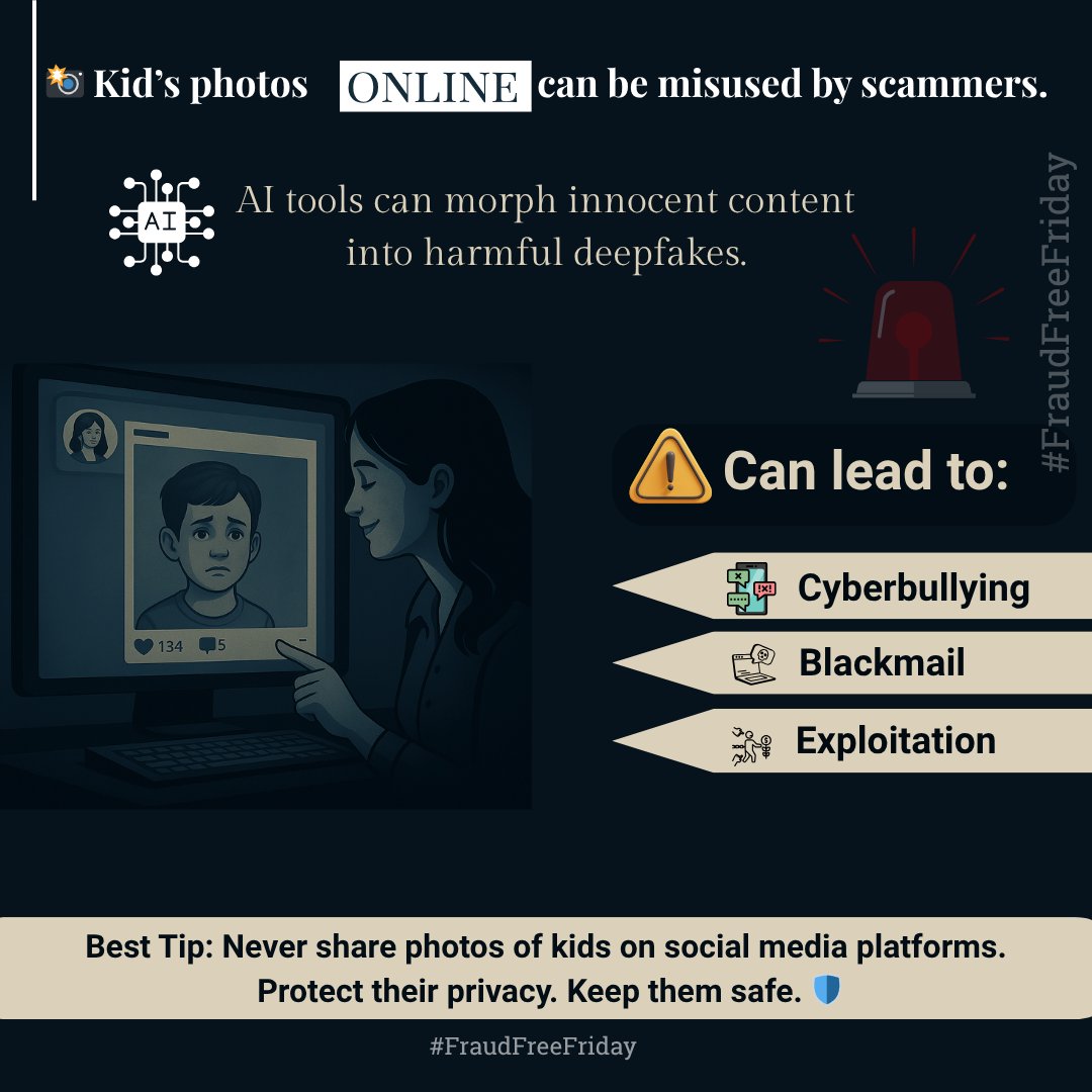 SSOIndia's tweet image. #FraudFreeFriday
🚨 One photo is all it takes.
Deepfake threats involving children are real — your single upload could become a tool in the wrong hands.

#CyberSafety #DeepfakeAwareness #OnlinePrivacy #ChildSafetyOnline #ThinkBeforeYouPost #DigitalParenting #CyberAlert #AIThreats…